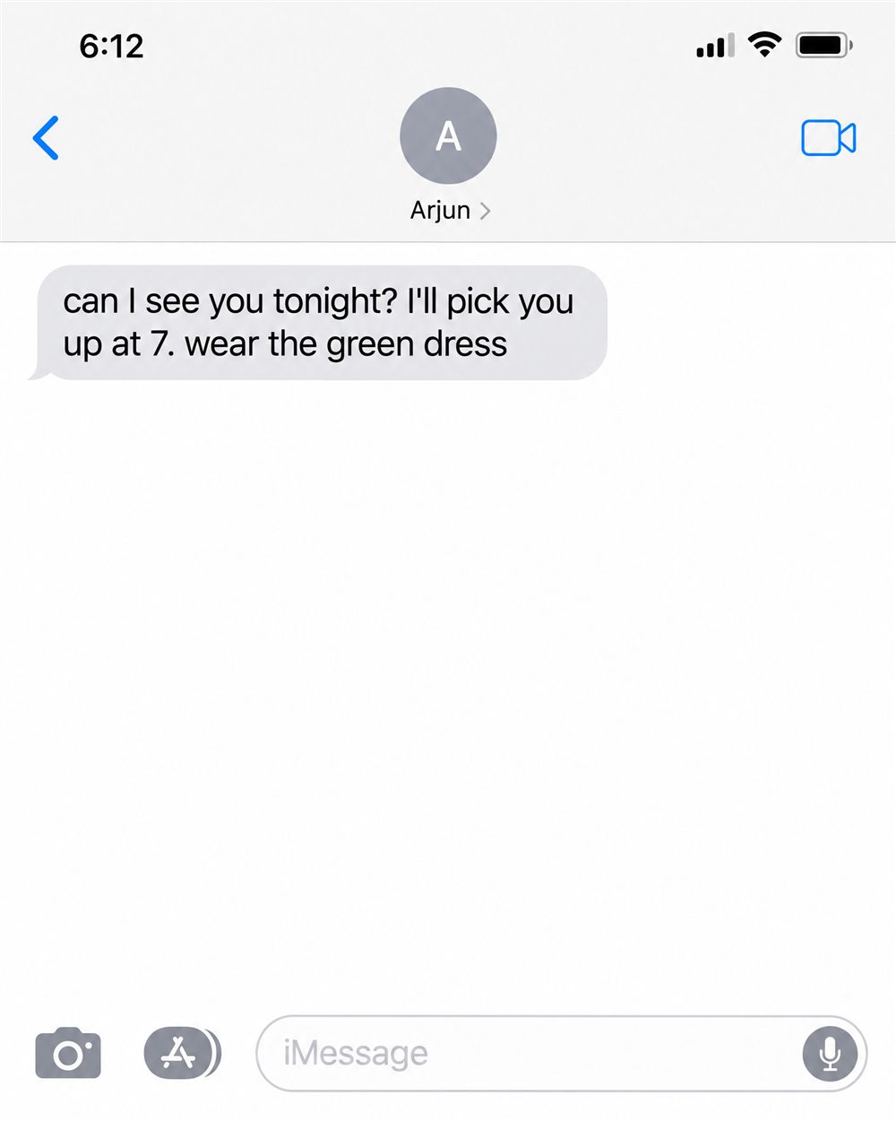Phone screenshot of a text from Arjun asking to pick her up at 7