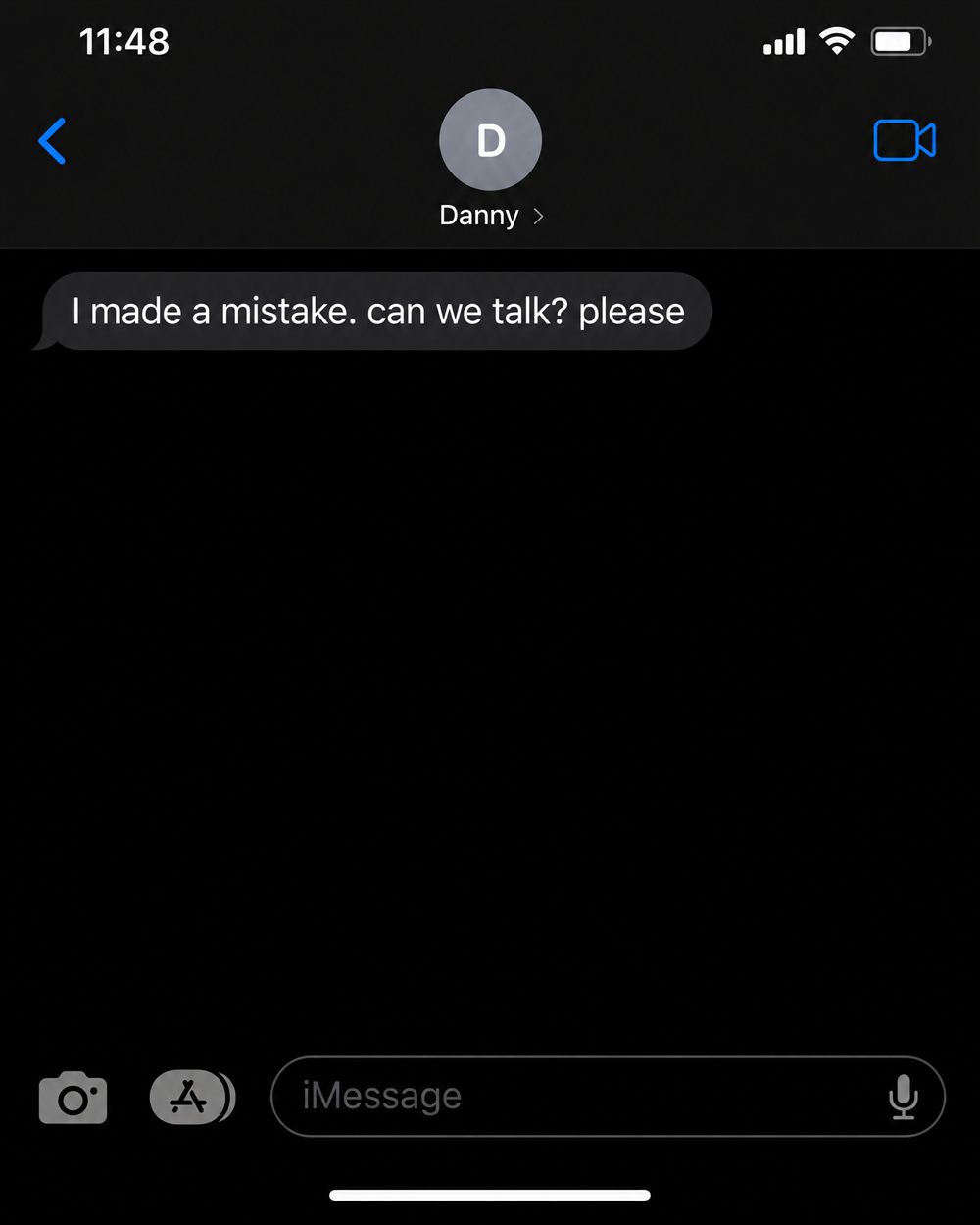 Phone screenshot of a text from Danny: I made a mistake, can we talk