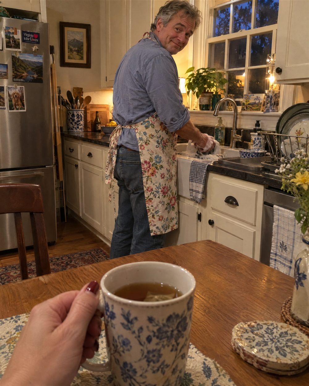 Man in an apron cooking in the kitchen, a cup of tea in front